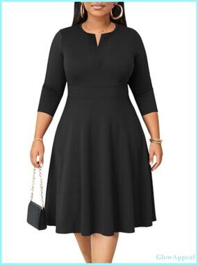 Plus Size A-Line Midi Dress 3/4 Sleeve V-Neck Casual Church Work